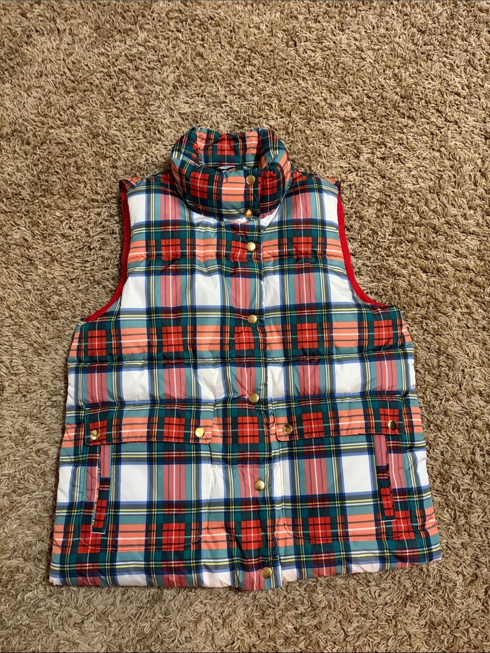 Women's J Crew Signature Plaid Puffer Vest - Red Multi
